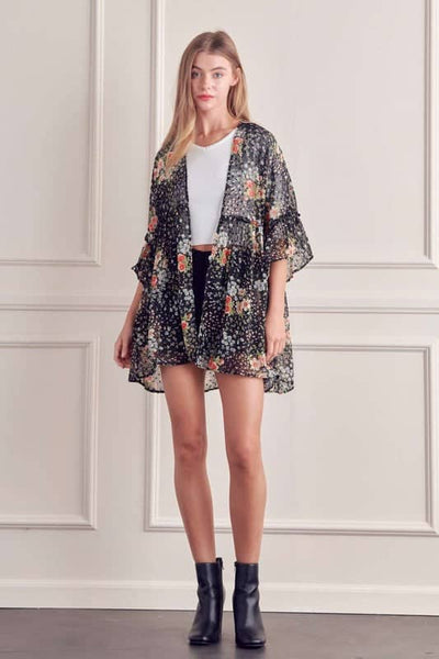 Embrace Spring with Our Black Floral Ruffle Sleeve Kimono