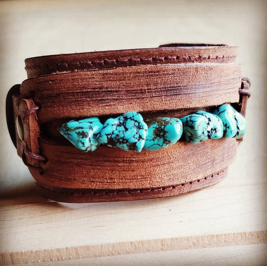 Western Turquoise Stone Chunks Leather Cuff