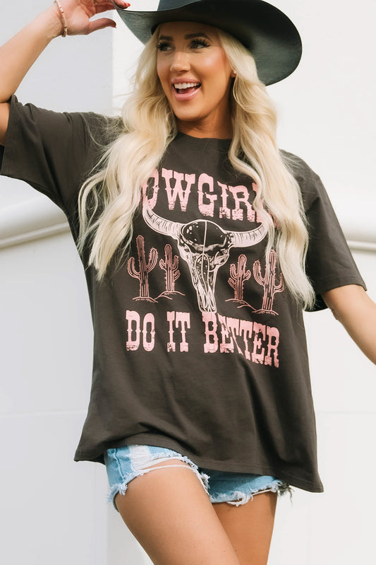 The Longhorn COWGIRLS DO IT BETTER Graphic Print Oversized Gray T Shirt