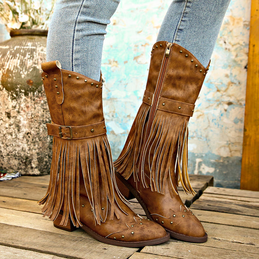 Women Leather Fringe Tassel Cowboy Boots