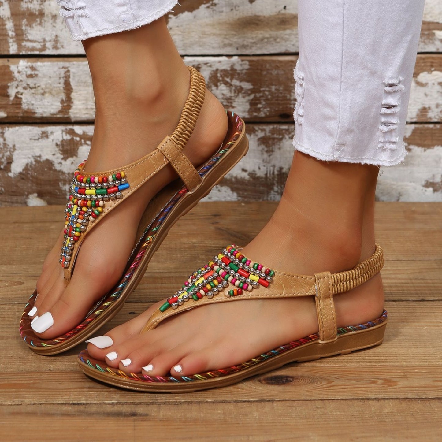 Beaded Leather Open Toe Sandals